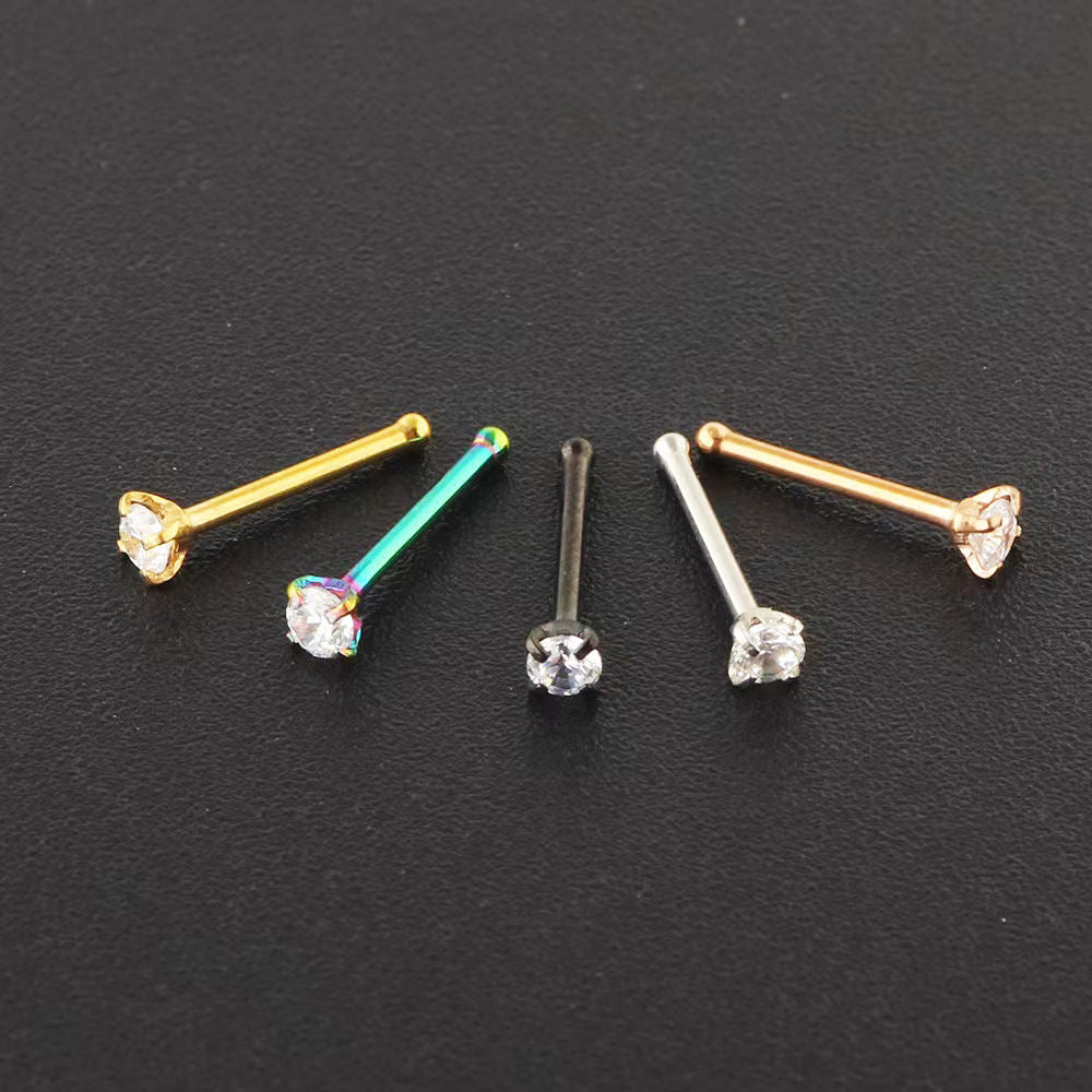 Simple Accessories Four-claw Straight Rod Round Zircon Nose Stud