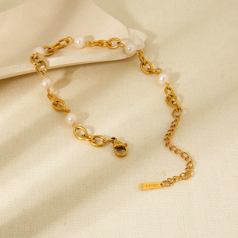 K Gold Stainless Steel Bracelet 6  Water Pearl Chain