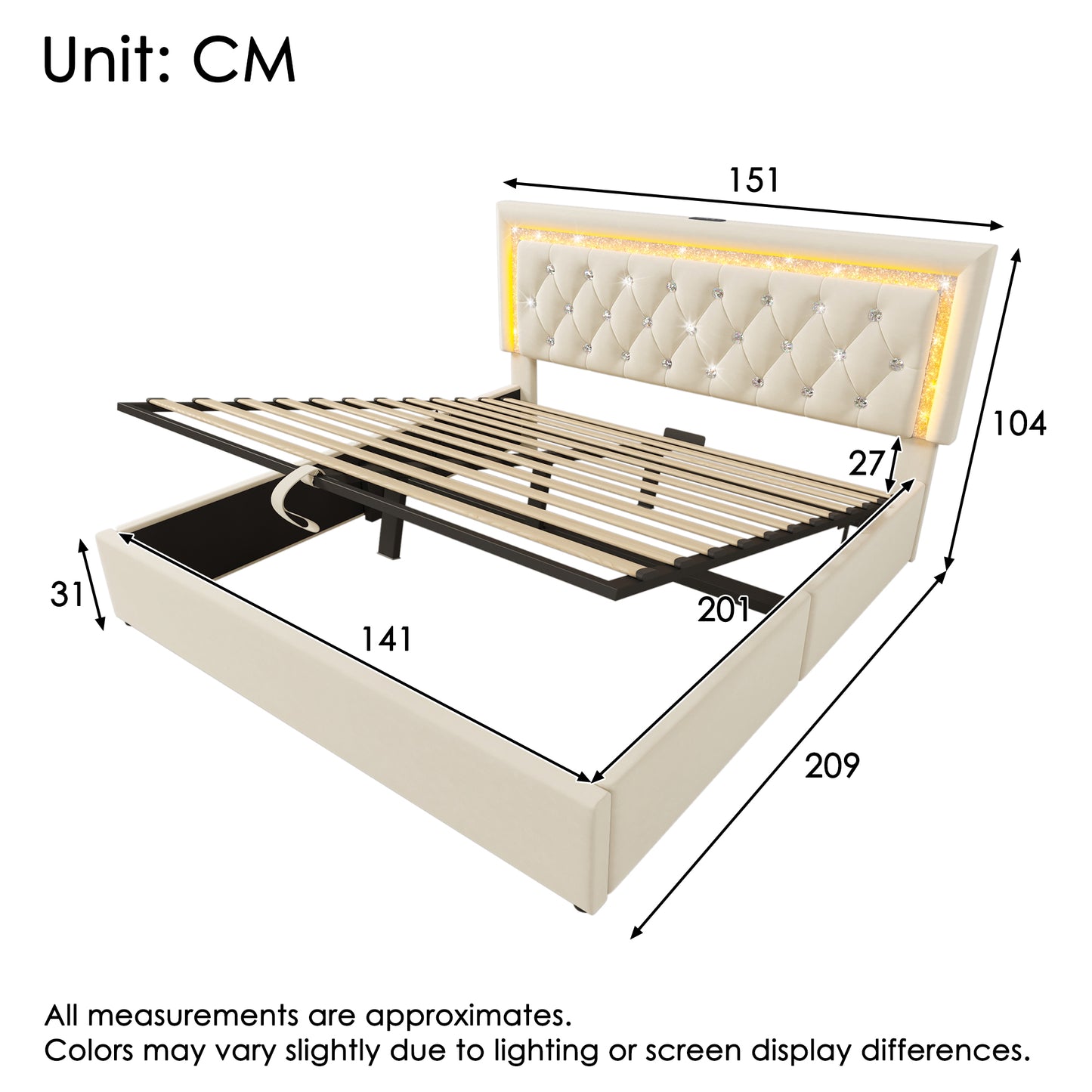 Upholstered Bed 140x200 Cm Velvet Double Bed With LED Diamond Stripes In The Headboard, USB & Type-C Charging Station, Hydraulic Storage Space, Youth Bed With Slatted Frame, Modern Functional Bed, Bei
