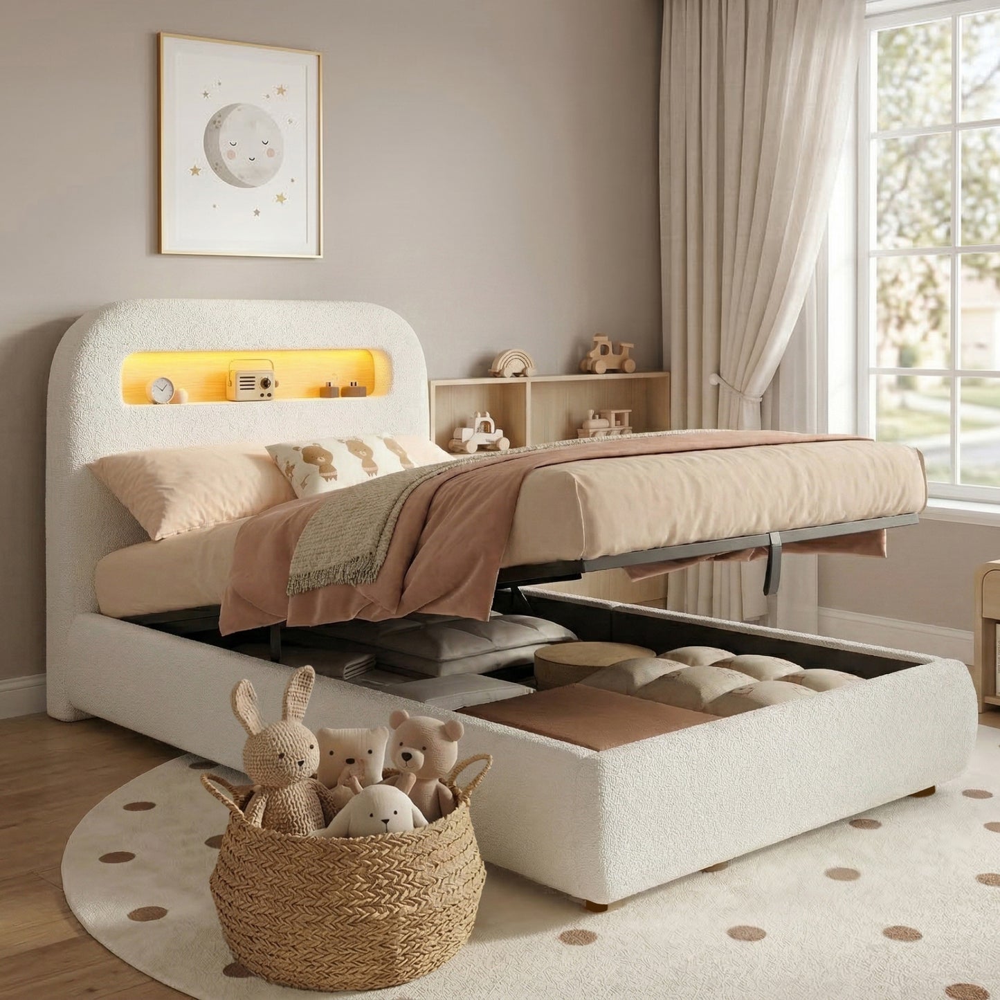 Upholstered Bed, Single Bed, Cot 90 X 200cm, Hydraulic Functional Bed, Bed With Slatted Base, Headboard And Large Storage Space, LED Lighting, Solid Wood Legs, White, Boucle