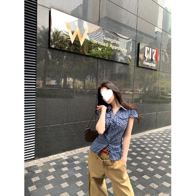 Blue Plaid Cinched Waist Short-Sleeve Shirt Womens Summer Korean Style