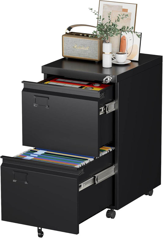 2 Drawer Mobile File Cabinet, Metal Under Desk Cabinet With Lock Name Card Holder For Office Home, Legal Letter Size, Assembly Required