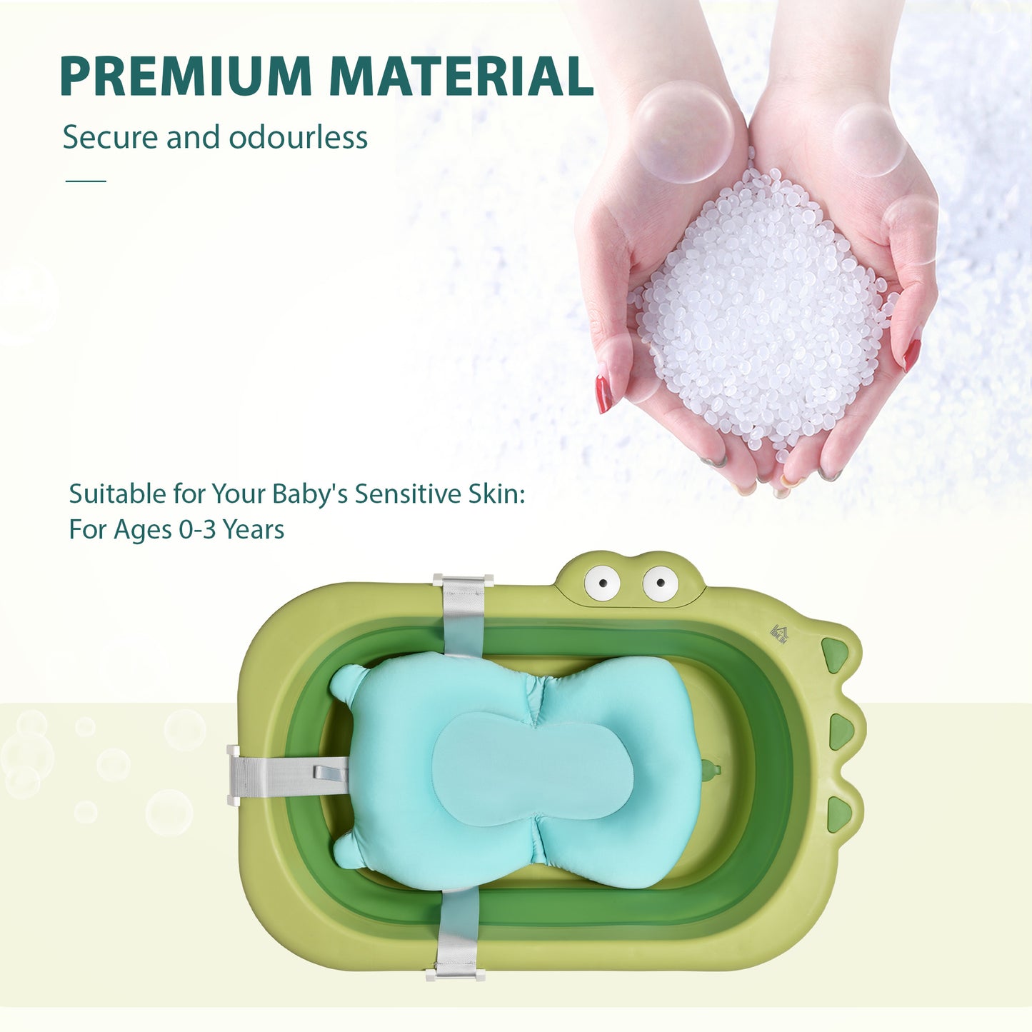 Baby Bath Tub For Toddler Kids Infant Ergonomic Foldable Secure Non-Slip Portable With Baby Cushion For 0-3 Years Green