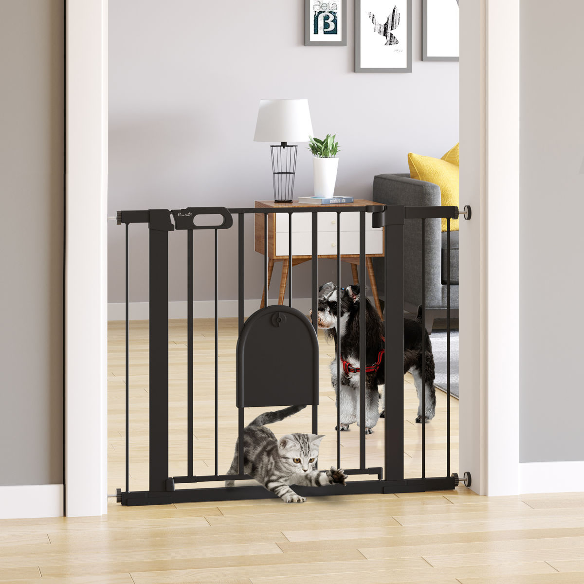 PawHut Dog Gate With Cat Flap Pet Safety Gate Barrier, Stair Pressure Fit, Auto Close, Double Locking, For Doorways, Hallways, 75-103 Cm Black