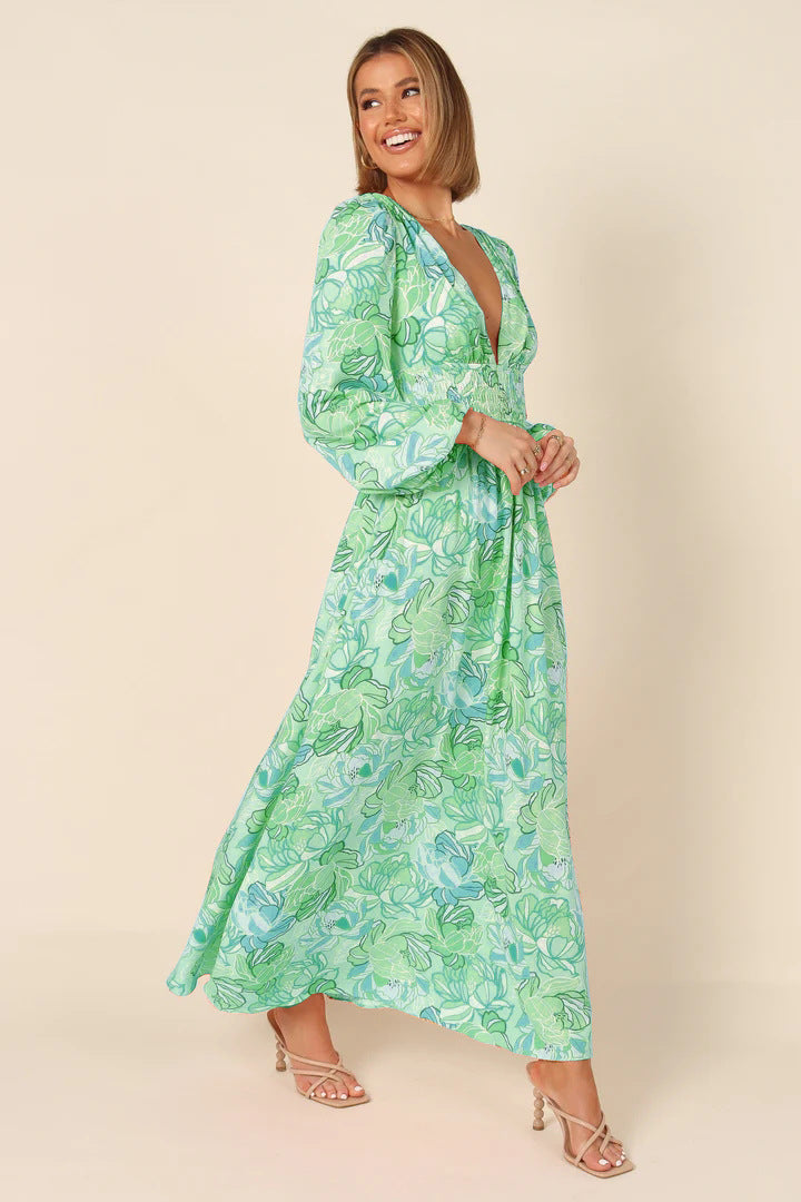 Printed Backless Deep-V Sexy Best-selling Long-sleeve Dress