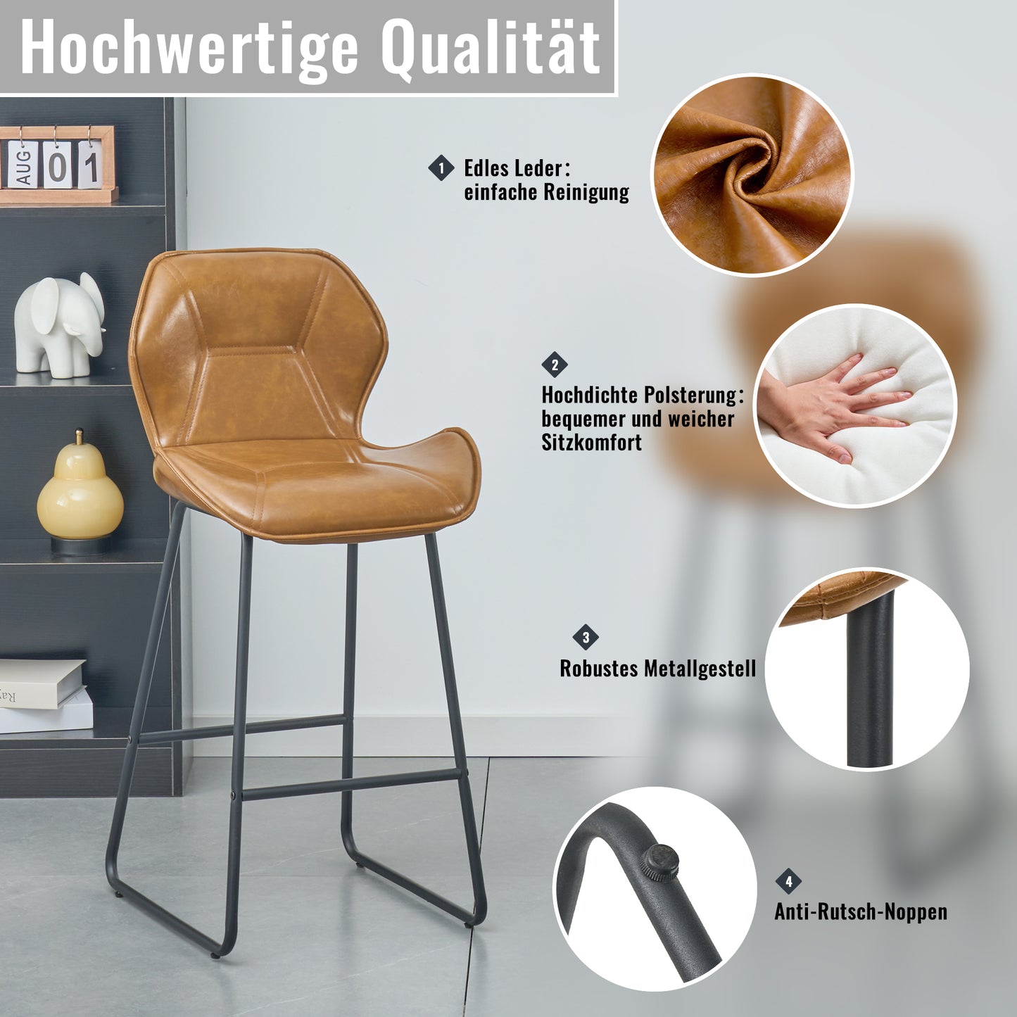 Set Of 2 Bar Stools Made Of Imitation Leather, Modern Bar Stools With Backrest, Metal Frame And Footrest, For Kitchen, Counter, Home Bar And Dining Area, Cognac Brown