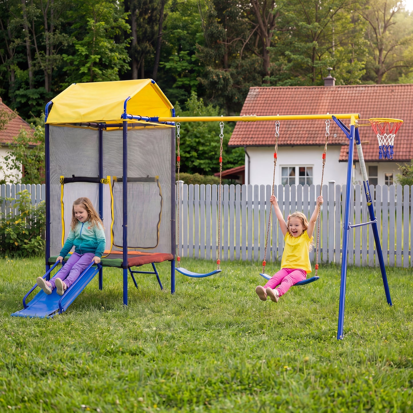 Multifunctional Outdoor Swing Set, Outdoor Children's Climbing Frame With Trampoline, Swing & Slide  Multifunctional Playground Equipment For Garden, With Safety Net, Basketball Hoop & Sturdy Iron Fr