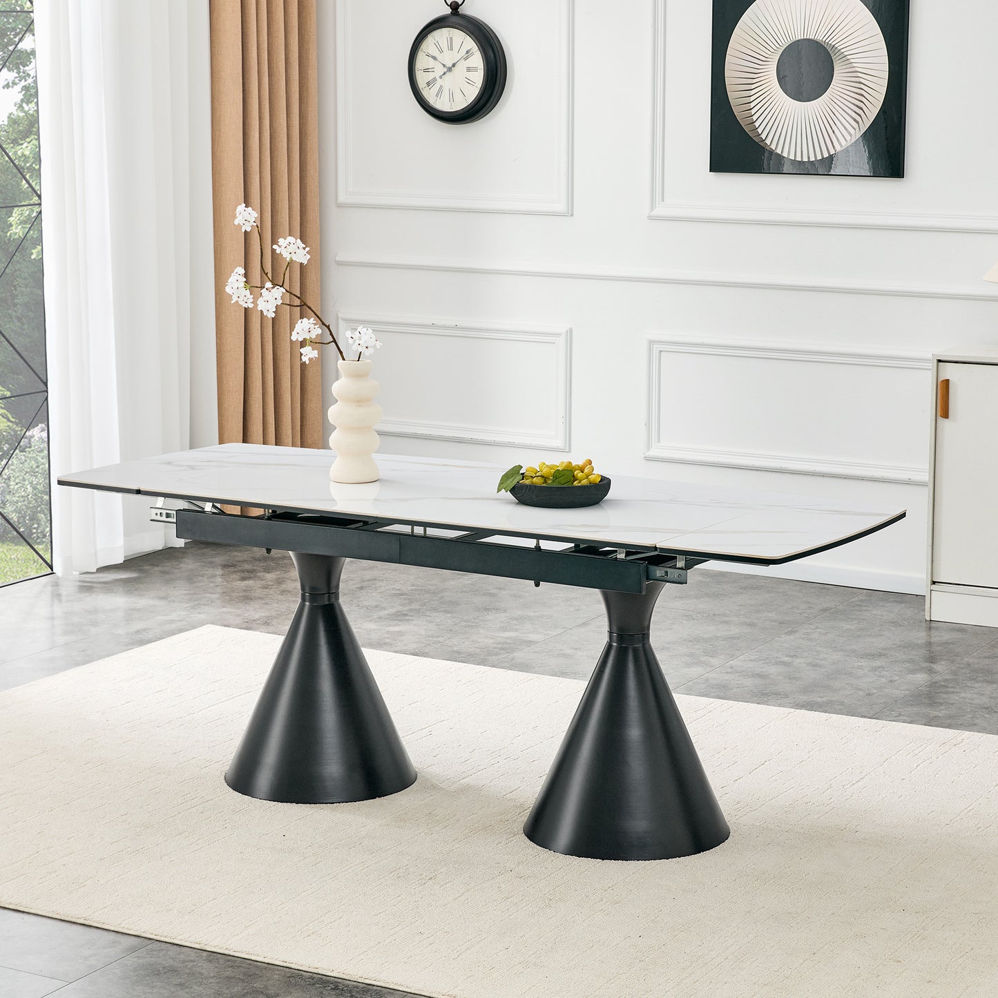 Extendable Stone-Top Dining Table White Marble-patterned Tabletop With Black Tapered Metal Legs. A Modern, Luxury-inspired Rectangular Dining Table For Home Use, Suitable For 4-8 People.