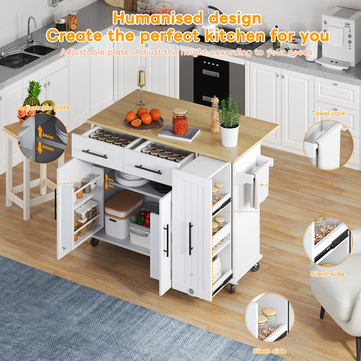 Kitchen Island With Drop Leaf, Storage Trolley With 3-tier Pull-out Cabinet Organizer, Internal Storage Rack, Rolling Cart With Towel Holder & 2 Drawers For Dining Room, White
