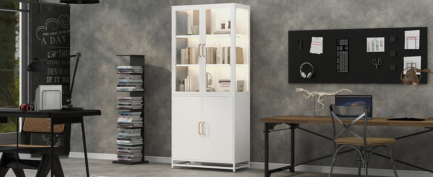 76.75  Tall Display Cabinet, With Glass Doors And LED Lights, Steel Curio Cabinet With 3-Sided Glass, Pantry Cabinet With Storage For Hallways, Livingroom Kitchen Home Decor & Office - White