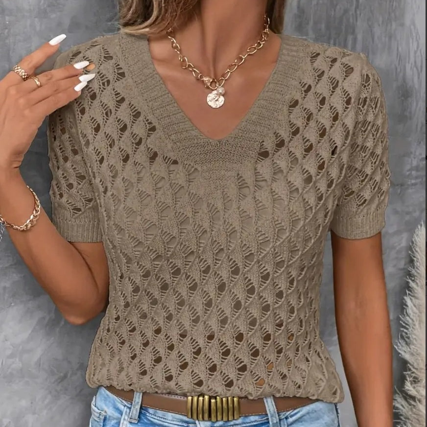 Best Selling Knitted V-neck Short-sleeved Top Hollow Out