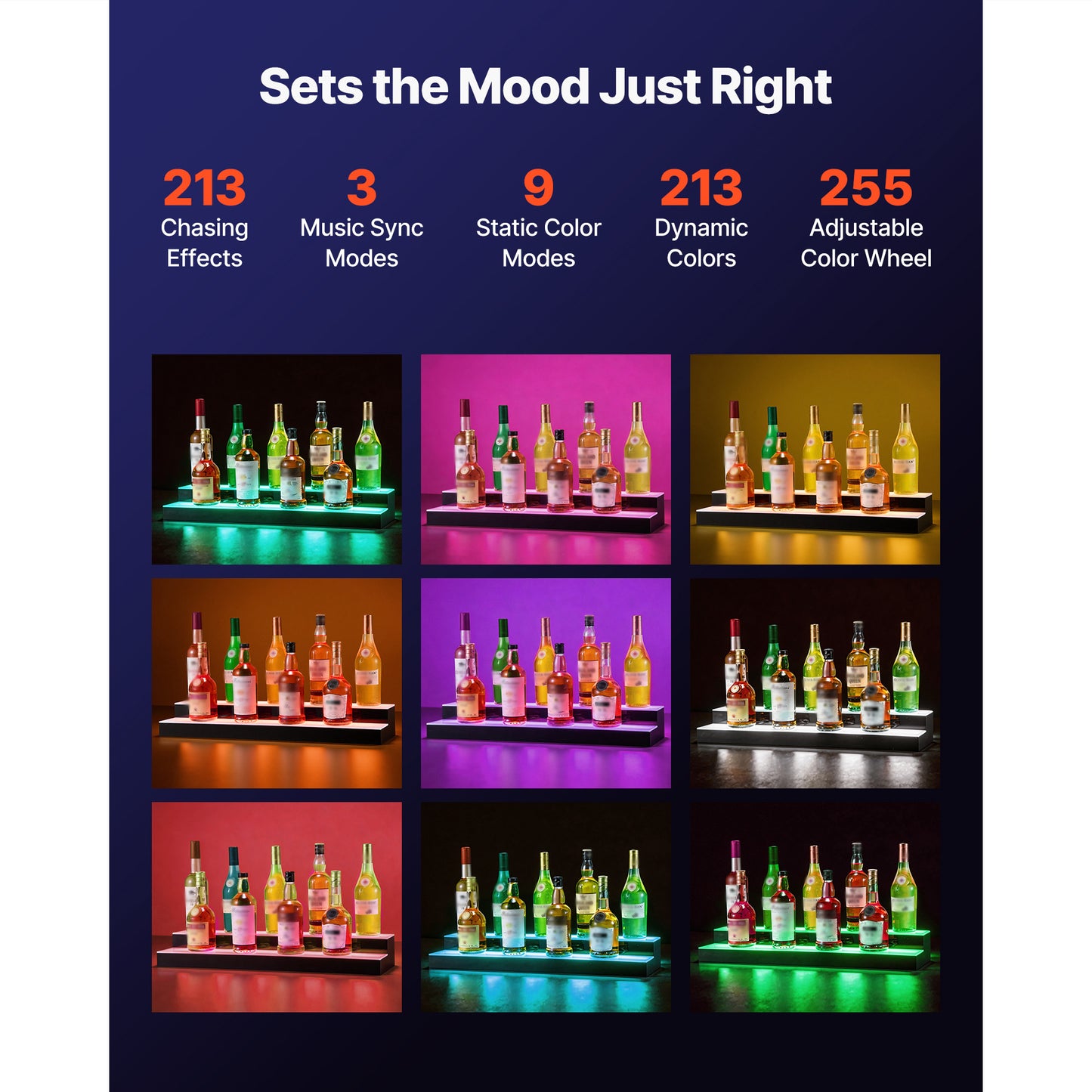 LED Lighted Liquor Bottle Display, 2 Tiers 30 Inches, Supports USB, Acrylic Illuminated Home Bar Shelf Display With RF Remote & App Control, 9 Static Colors, Timing Mode, For 14-20 Bottles