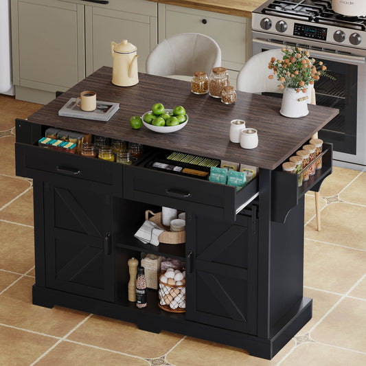 Kitchen Island With Folding Worktop, Kitchen Trolley On Wheels, Kitchen Cabinet With 2 Sliding Doors And 2 Drawers, Barn Style, Black, Kitchen Storage Cabinet, 120X45X91 Cm