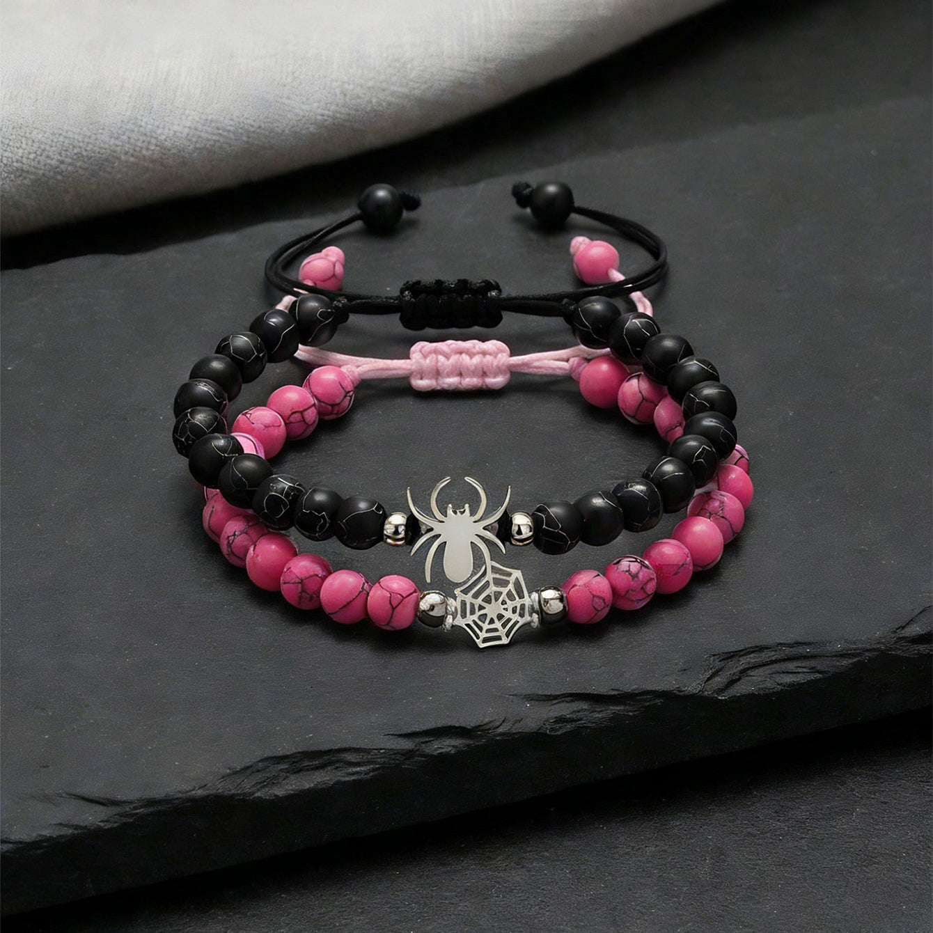 2pcs Matching Spider Web Bracelets For Couples Men Women, Natural Stone Black White Beaded Bracelets, Y2K Goth Punk Friendship Jewelry, Birthday Valentine's Day Gift For Best Friend Boyfriend Girlfrie