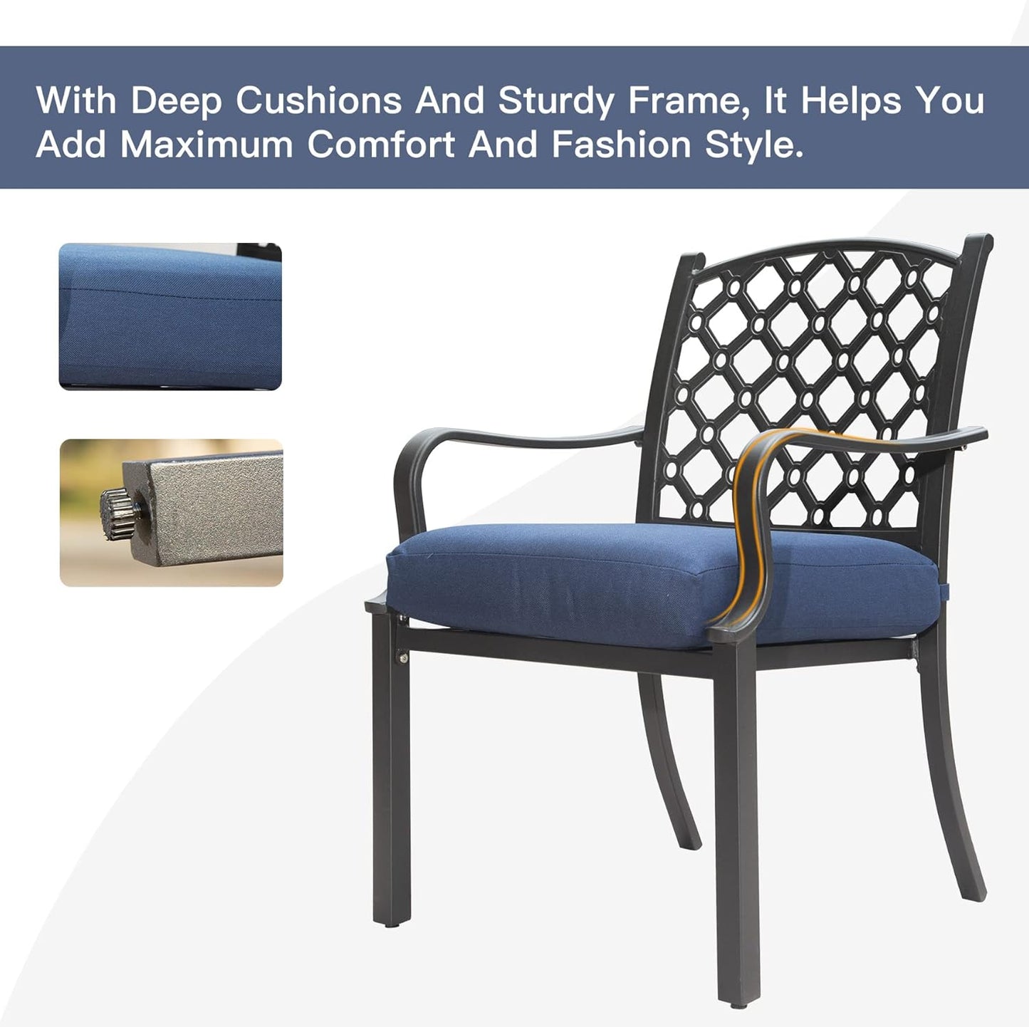 Outdoor 7 Pcs Patio Dining Set, Metal Dining Table, Swivel And Dining Chairs Conversation Set With Removable Navy Blue Cushions For Garden Lawn Yard