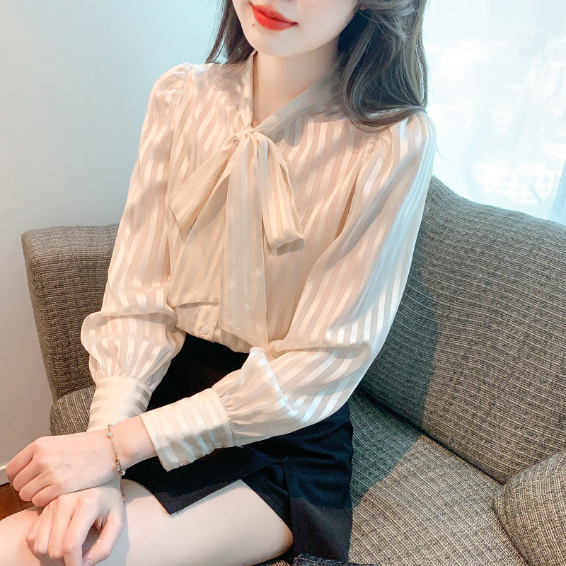 Korean-style Striped Long-sleeve Chiffon Blouse For Women