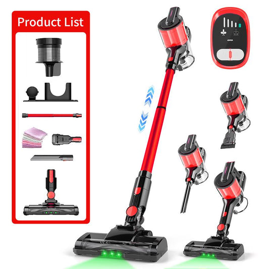 Red Cordless Lightweight Handheld Vacuum Cleaner With Anti-tangle Brush Head And Green LED Light. Multi-mode Carpet Cleaner Suitable For Hard Floors, Carpets, Pet Hair, And Cars.