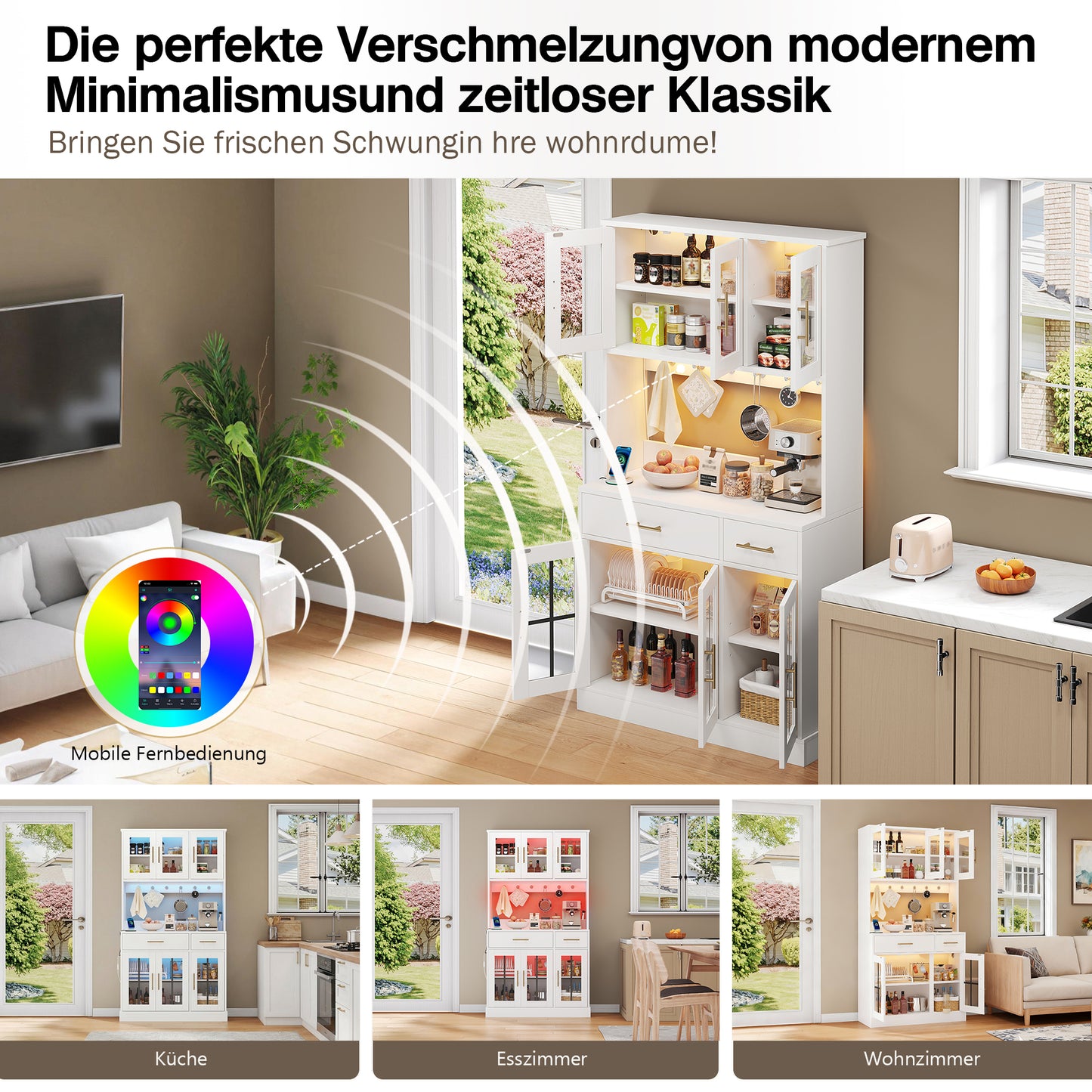 Kitchen Sideboard With LED Strip And Socket, Equipped With 6 Doors And 2 Drawers, Adjustable Shelves For Flexible Storage, Country Style Design, Golden Metal Handles, White, 180 X 100
