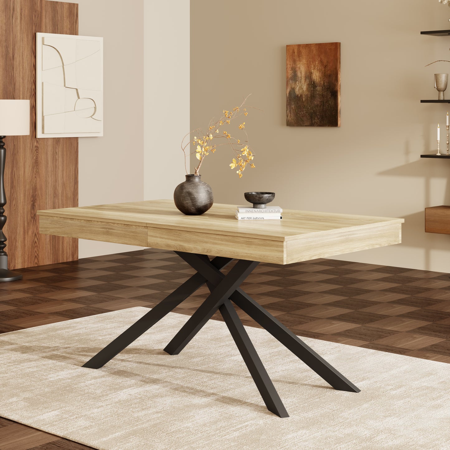 Extendable Dining Table, 140 180x80 Cm, Suitable For 6-8 People, Right Shape, Thickened Table Top, Metal Legs, Simple Style, Table For Dining Room, Kitchen, Living Room, Oak Color