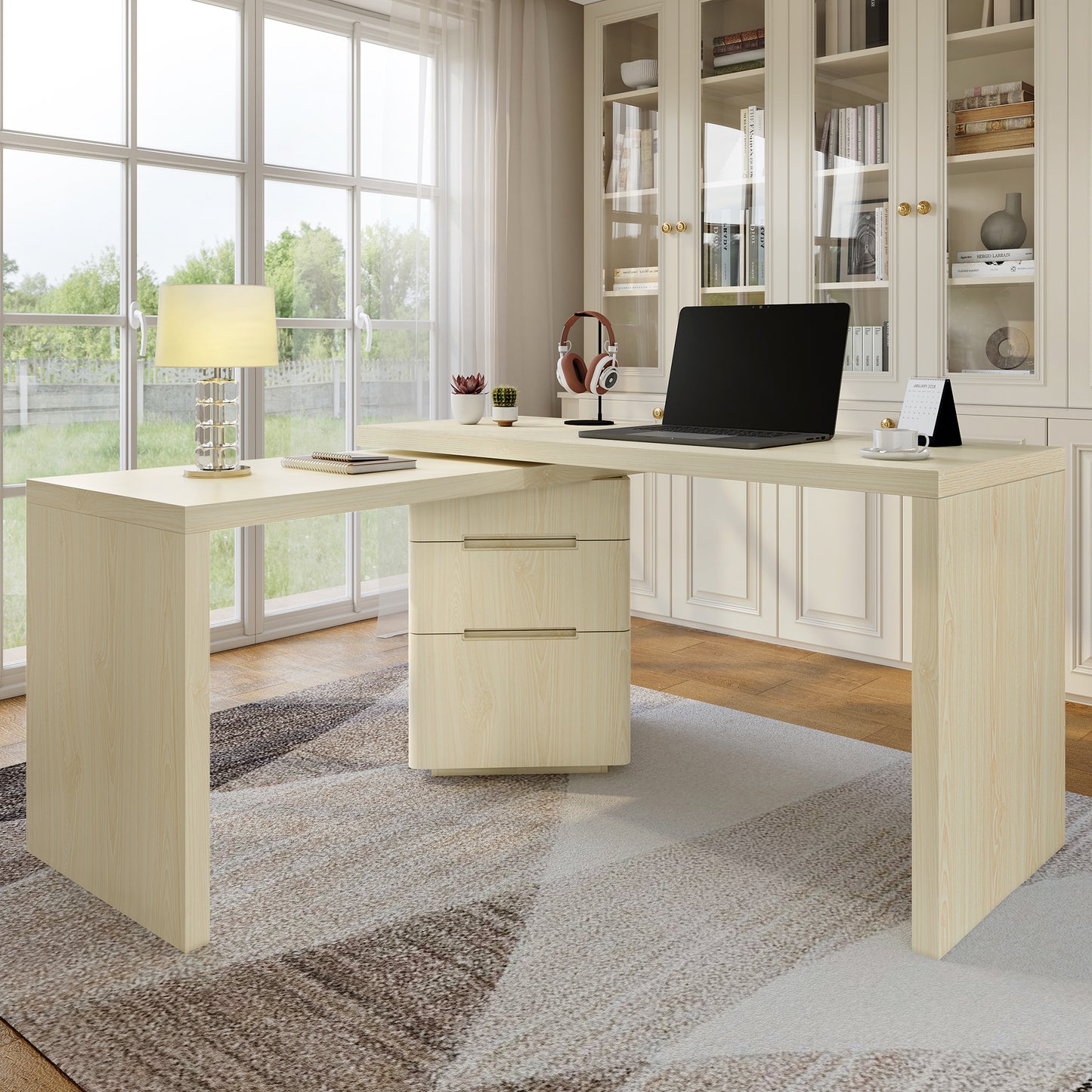 90 Modern L Shaped Desk In Natural Wood With 3 Drawers,360 Wood Rotating Desk,Executive Office Desk,Corner Desk,Office Study Workstation,for Home Office Or Living Room