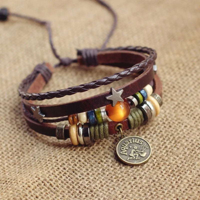 1pcs Multi-Layer Braided Leather Wooden Bead Star Zodiac Charm Adjustable Bracelet, Retro Boho Ethnic Style, For Men Women Daily Campus Travel & Constellation Holiday Gifts