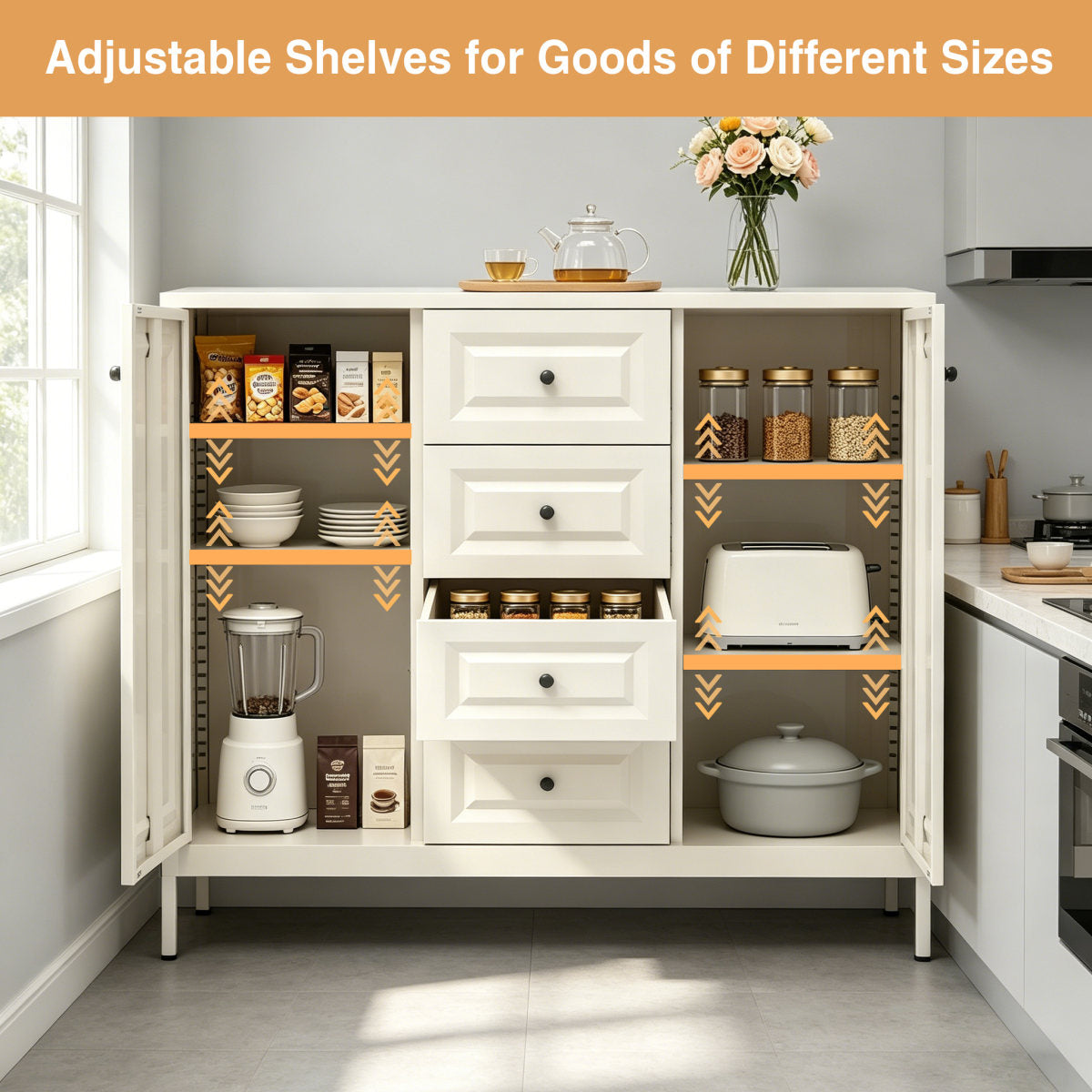 40.16'' Storage Sideboard Buffet Cabinet, Freestanding Accent Cabinet With 4 Drawers & 2 Doors, Adjustable Shelves Console Cabinet For Living Room, Kitchen ,Entryway ,Hallway ,Laundry Room Beige
