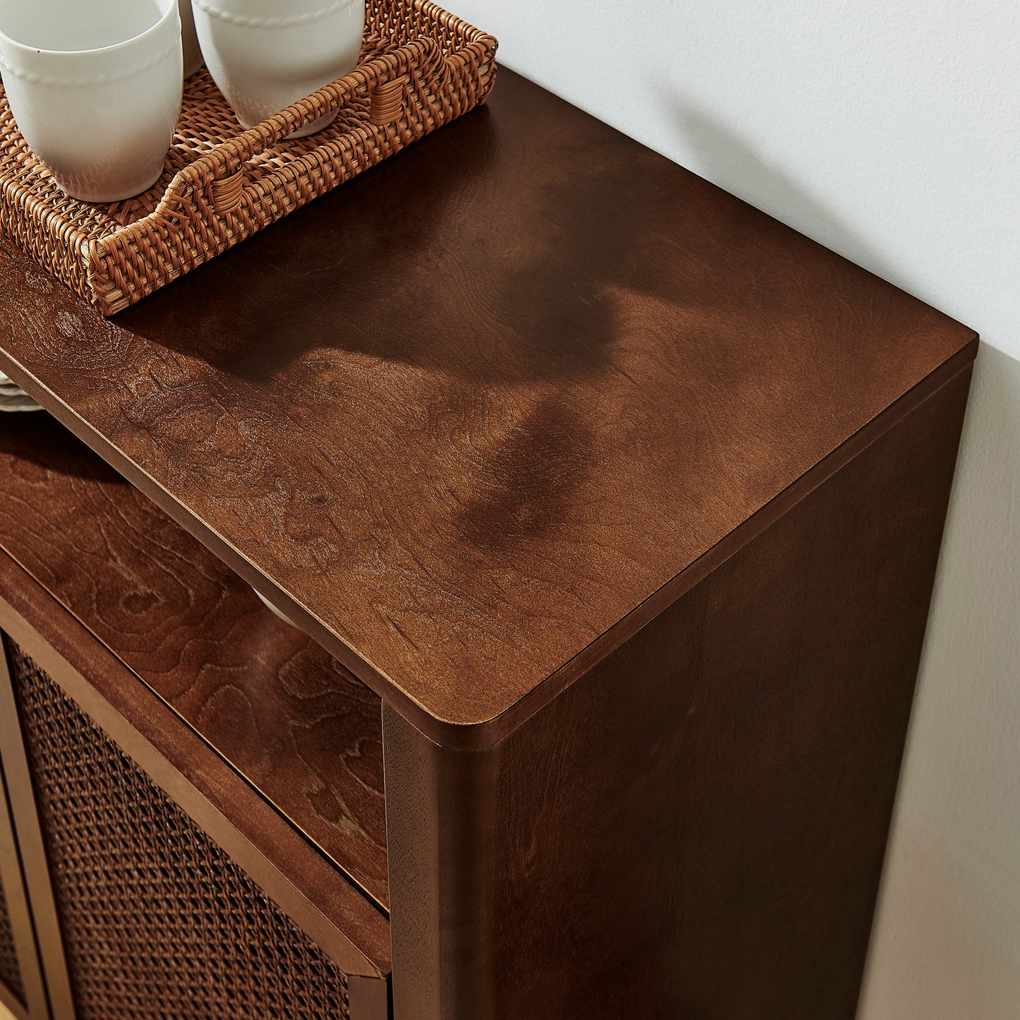 63  Mid Century Modern Rattan Sideboard Buffet Cabinet With Storage, Retro Coffee Bar Wine Bar Credenza, Large Media Console Table For Living Room Entryway Kitchen, Walnut