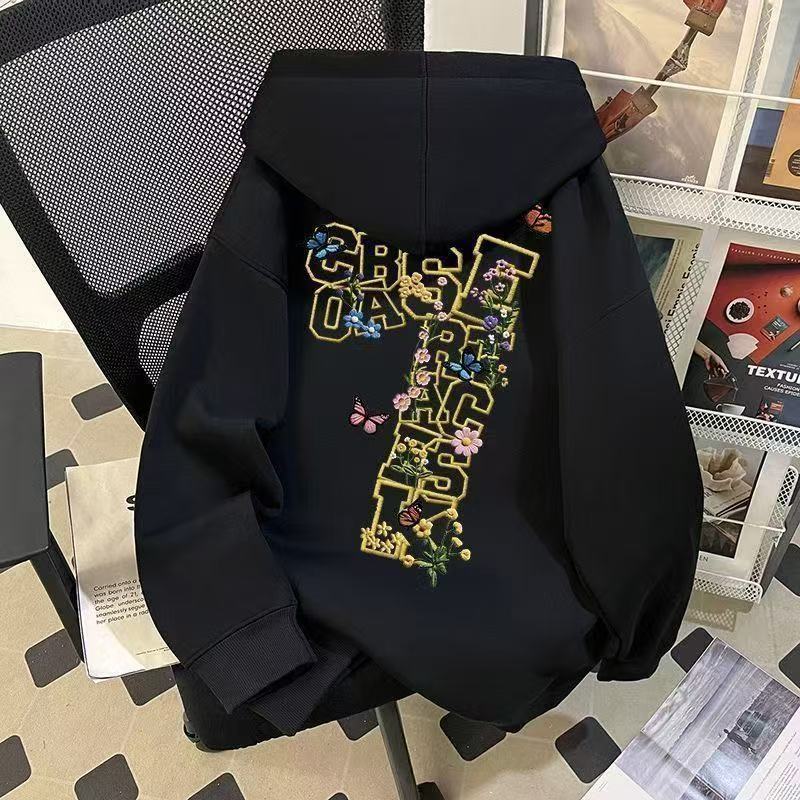 Korean-style Designer Floral And Letter-printed Hooded Sweatshirt With Silver Fox Velvet Finish