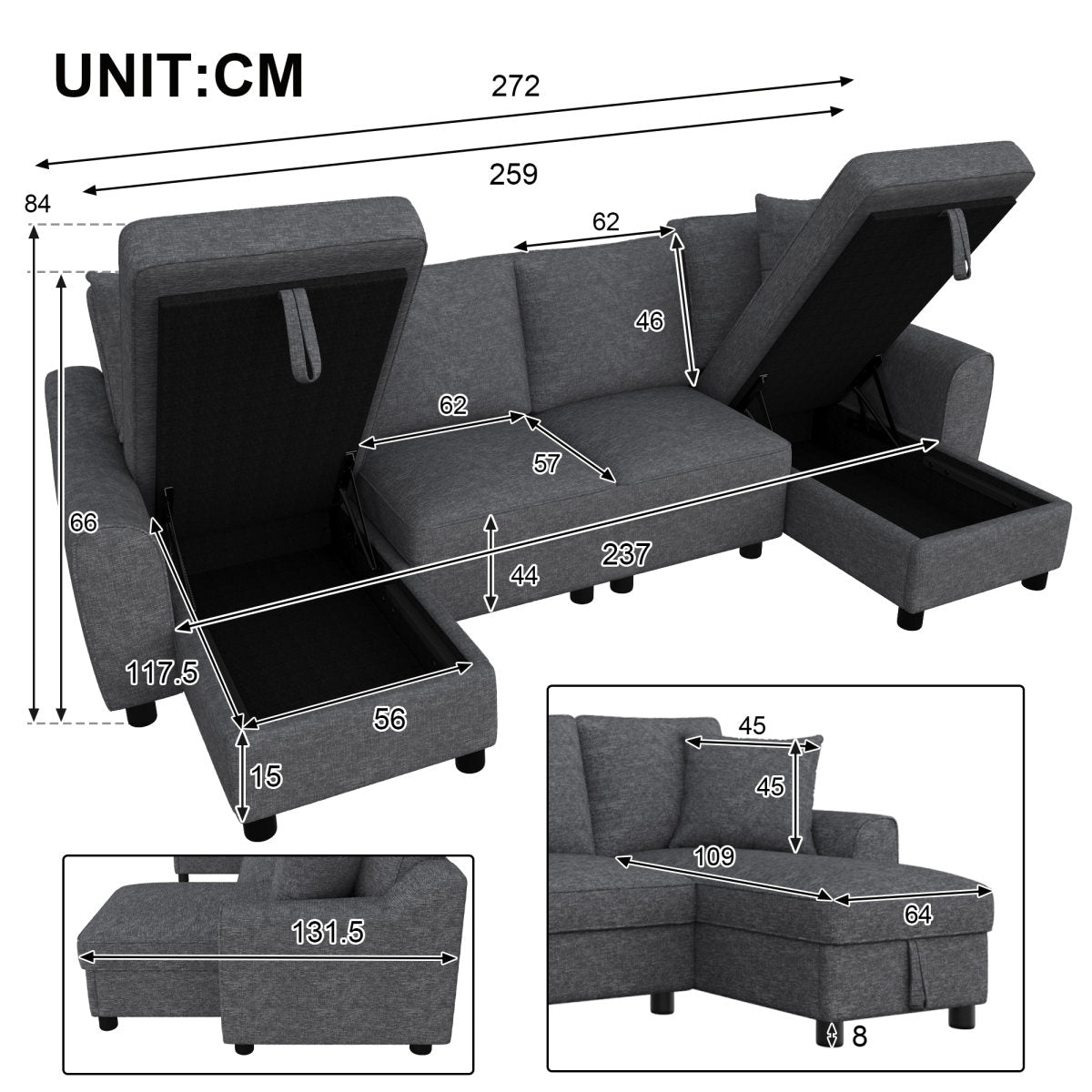 Modern Luxury Chenille U-Shaped Sectional Sofa With 2 Storage Chaise Lounges, 2 Square Cushions, Comfy Couch For Living Room, Grey, 272 X 131.5 X 84 Cm