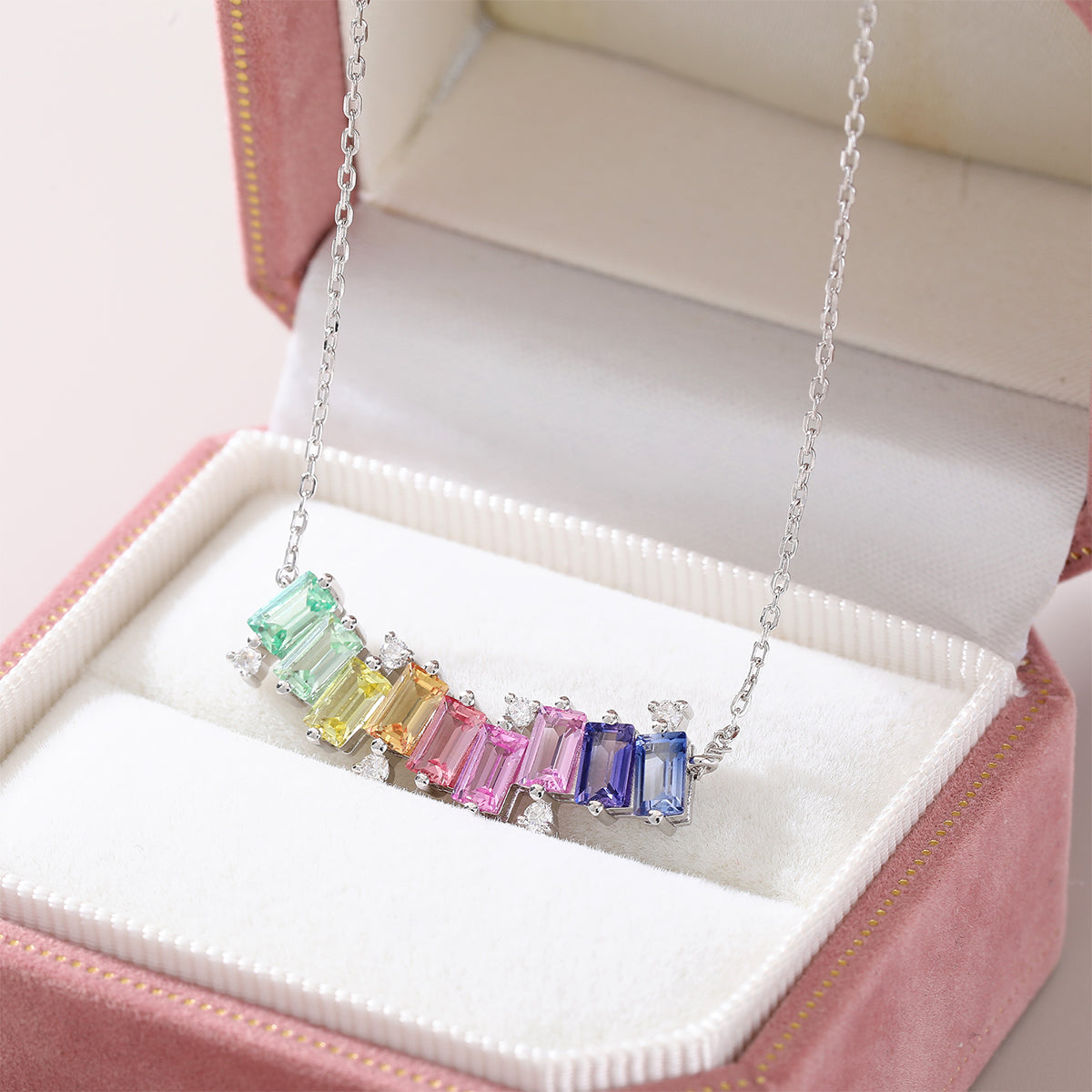 S925 Sterling Silver Rectangle Rainbow Lab-Grown Gemstone Necklace 45cm Platinum Plated With D Color VVS1 Moissanite GRA Certified Gift Box