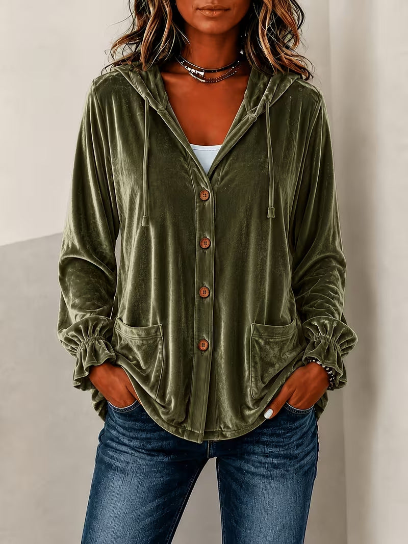 New Autumn Winter Fashion Button Velvet Hooded Cardigan, Solid Color Casual Cross-Border Women Outerwear