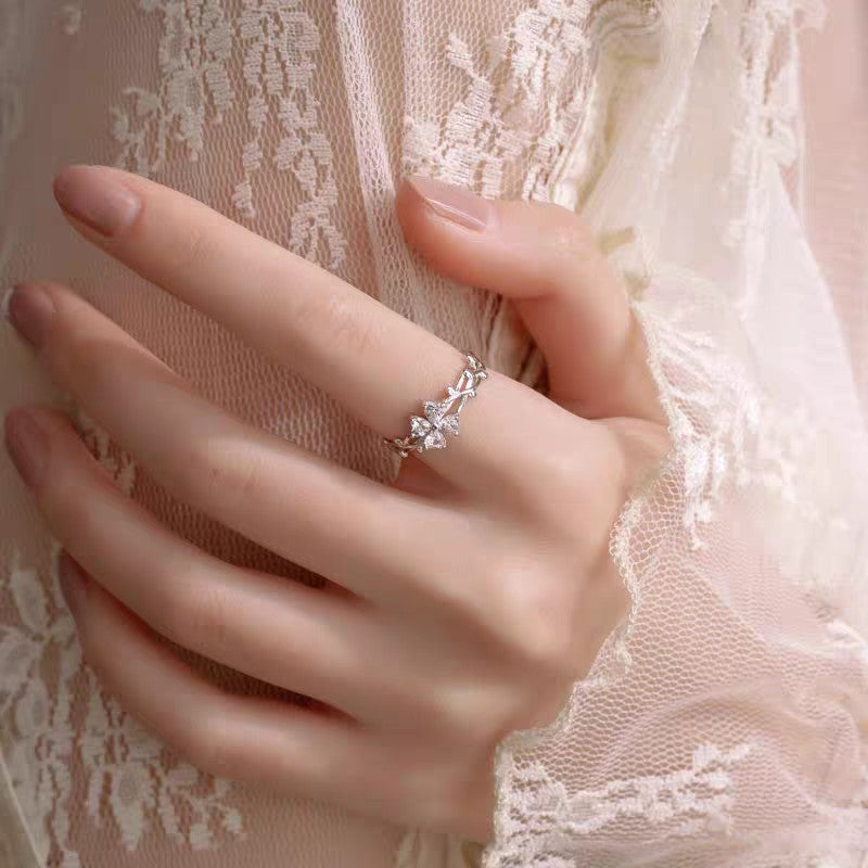 1 Piece 999 Sterling Silver Four-Leaf Clover CZ Ring, Delicate Vine Band Style, For Daily Wear & Valentine's Gifts