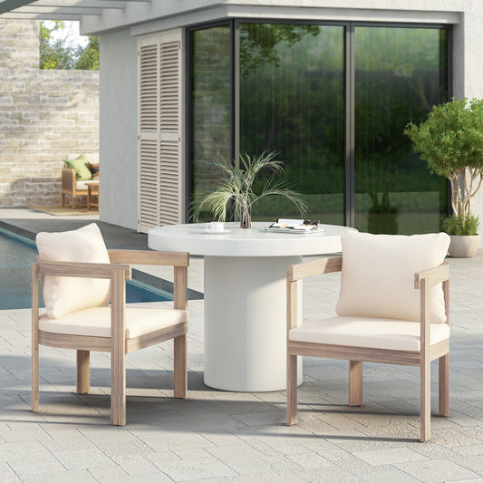 Acacia Wood Dining Chairs Set Of 2, Armchairs With Cream Cushions, Barrel Accent Chair, Comfy Seating Kitchen Side Chair Set For Balcony, Backyard, Garden,Light White