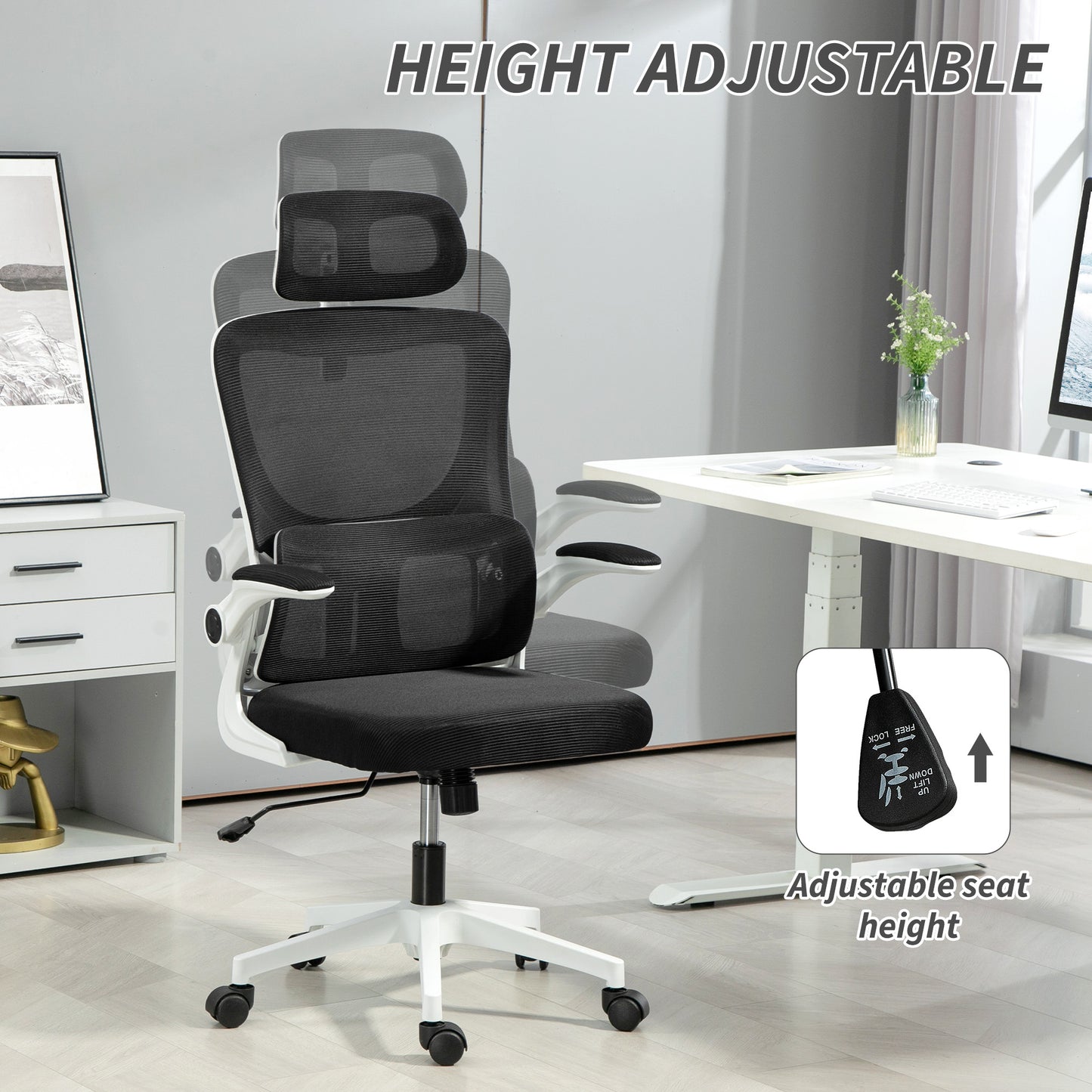Vinsetto Ergonomic Office Chair, High Back Mesh Computer Desk Chair With Adjustable Headrest And Lumbar Support, Rotatable Armrests, Tilt Function For Home Office, Black