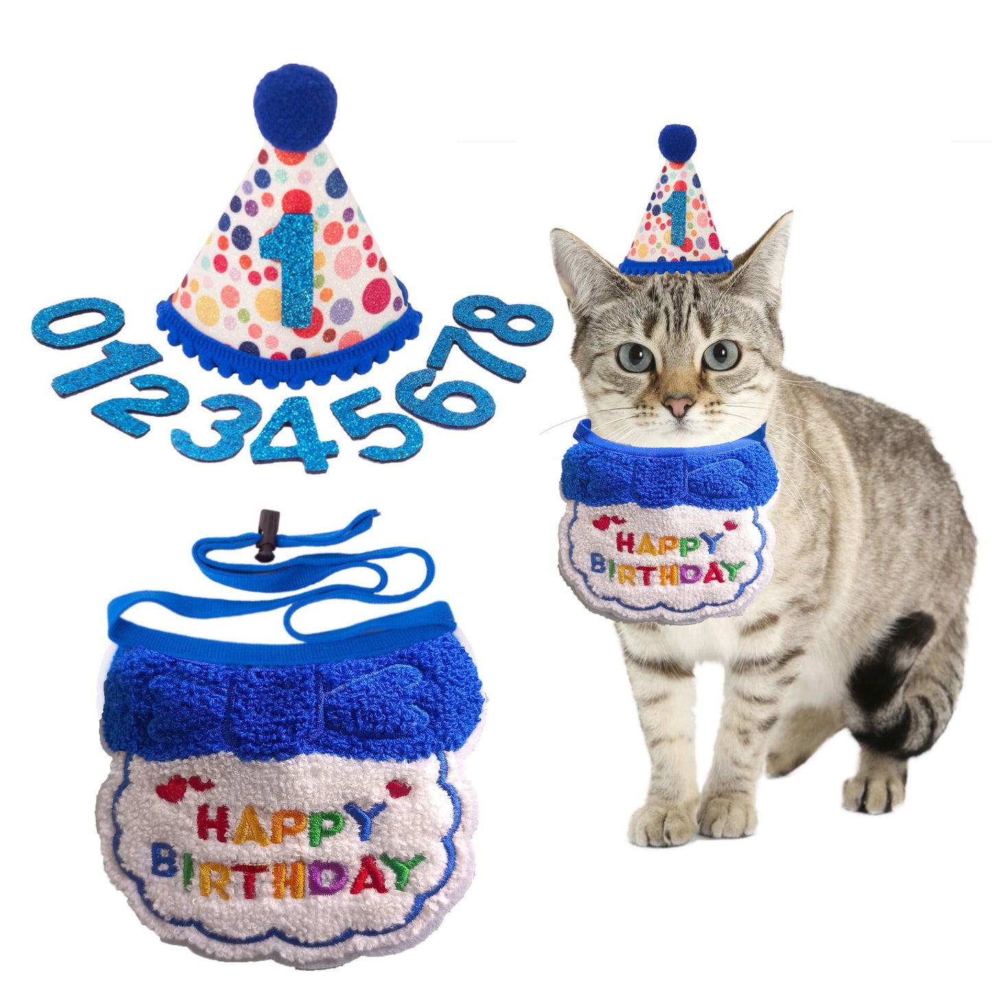 Cat Birthday Party Supplies, Blue Cat Kitten Birthday Bandana With Number Hat, Cat Birthday Decorations Banner Boy, Pet Birthday Outfits For Cats Kitten Apparel Decorations