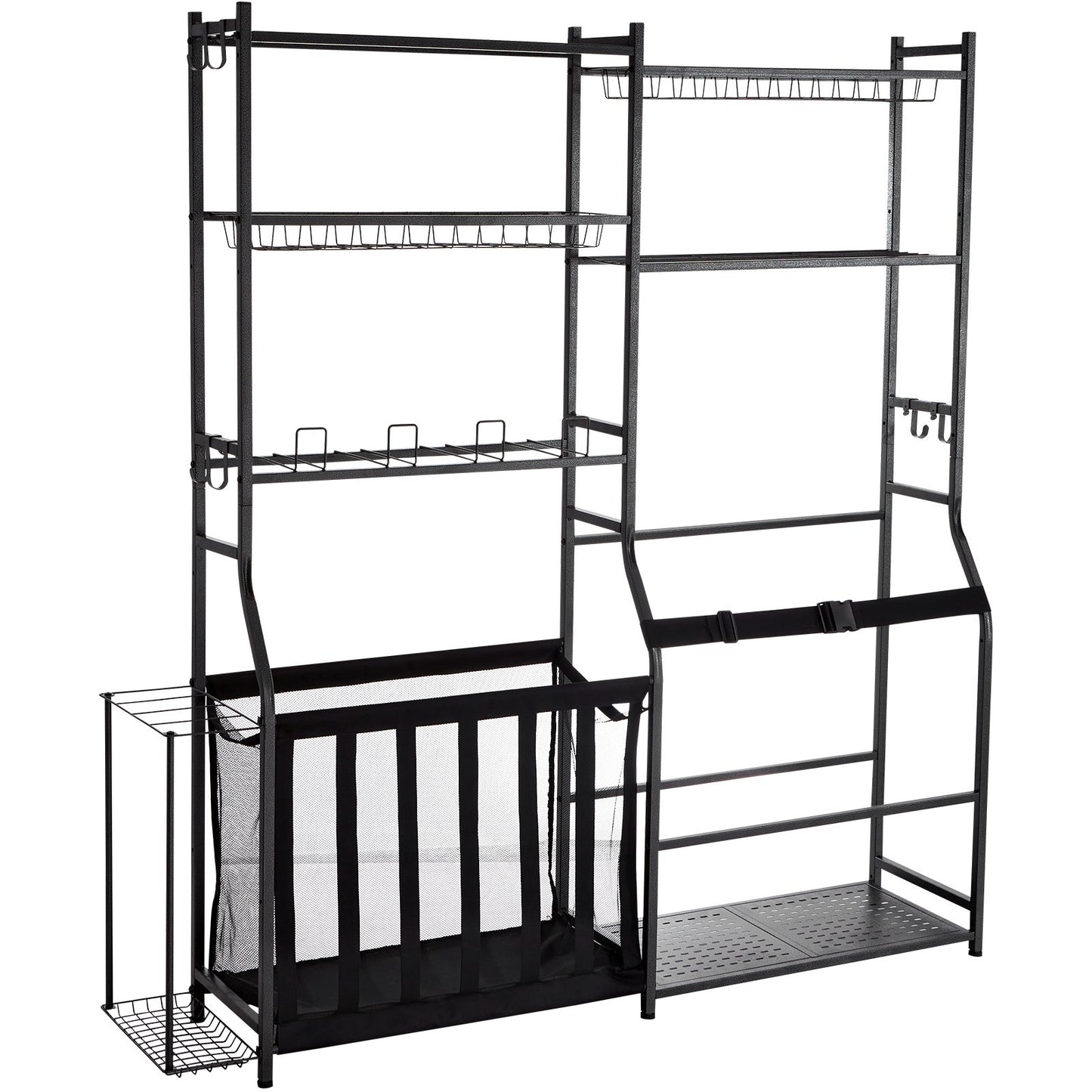 Golf Storage Garage Organizer, 2 Golf Bag Storage Stand Holder And Other Sports Equipment Storage Rack, Outdoor Steel Ball Cart, Sports Gear And Toys Storage Shelves With Baskets & Hooks, Black
