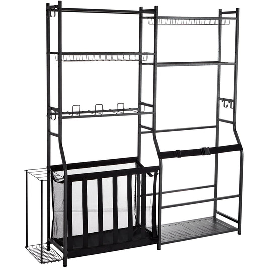 Golf Storage Garage Organizer, 2 Golf Bag Storage Stand Holder And Other Sports Equipment Storage Rack, Outdoor Steel Ball Cart, Sports Gear And Toys Storage Shelves With Baskets & Hooks, Black