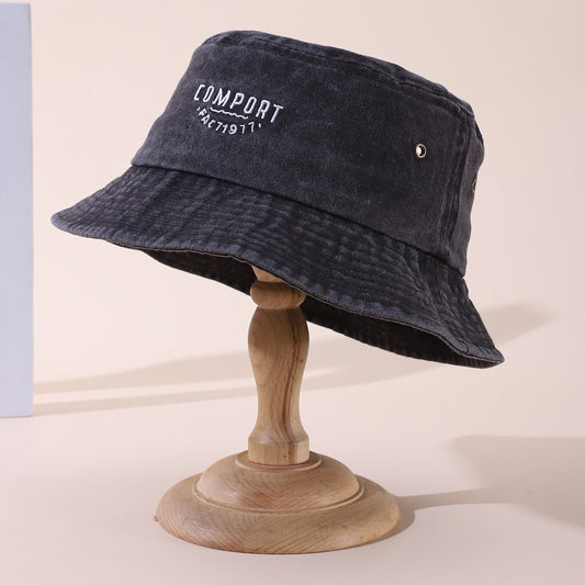 The Korean Version Of This Solid-color Multi-letter Embroidered Water-washed Vintage Style Casual Wide-brimmed Fisherman Hat Is Suitable For Shopping And Outings.