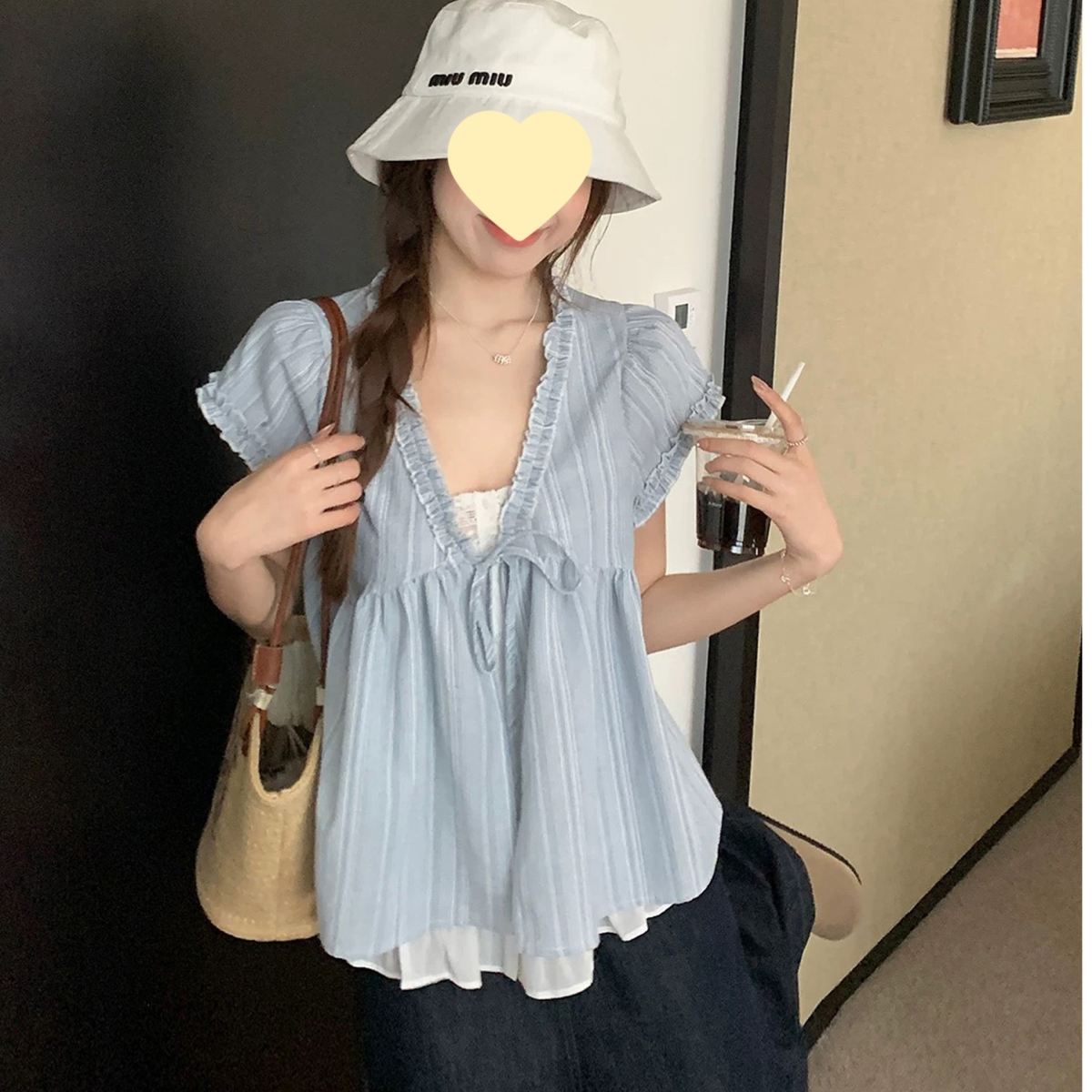 Korean-style Frilly Hem Loose-fit Korean-style Mock Two-piece Short-sleeved Blue