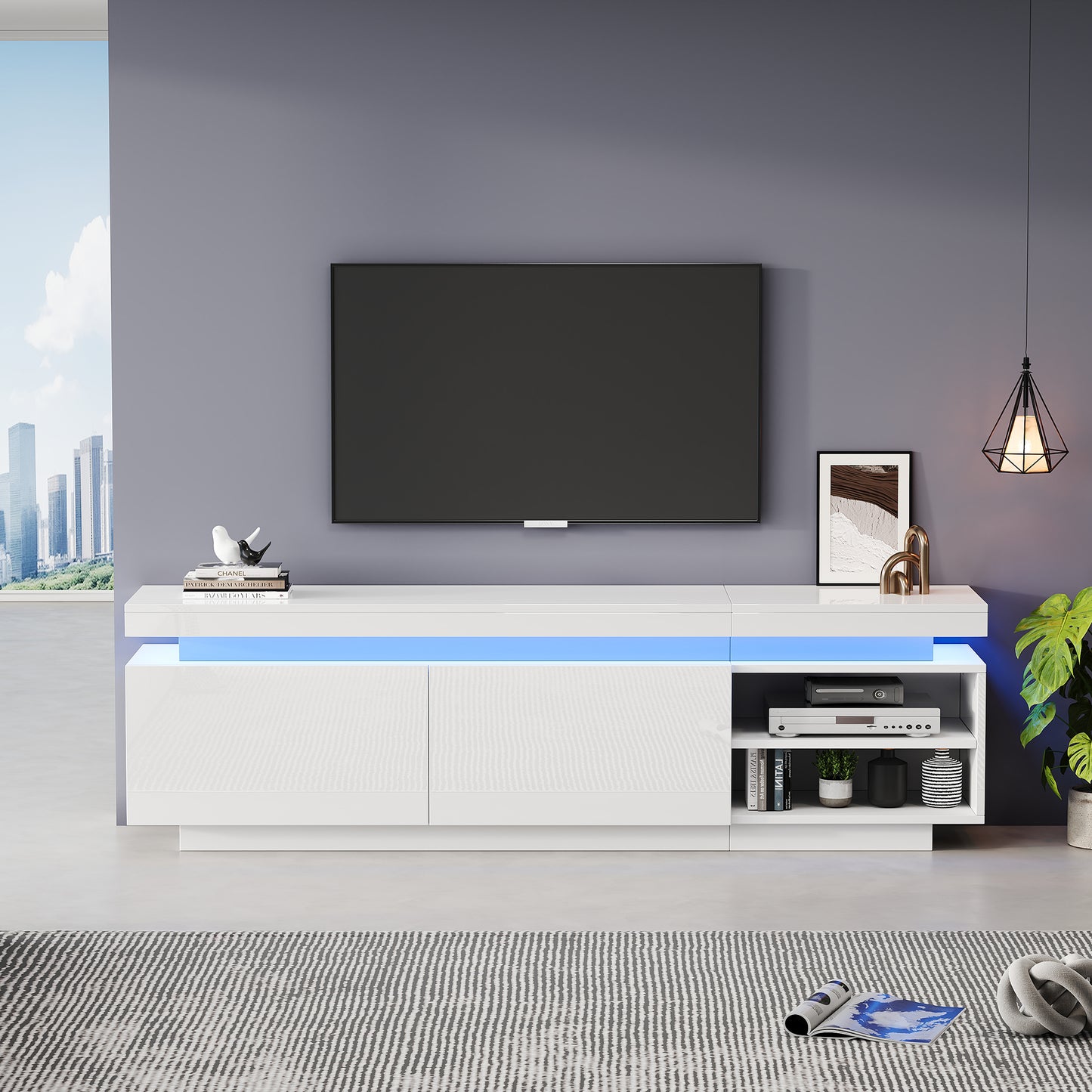 Modern Lowboard High Gloss TV Cabinet With LED Lighting, TV Board, TV Dresser, Suitable For 70 Inch TVs, Table, Universal Gaming Media Stand, Storage Cabinet And Large Storage Space, White