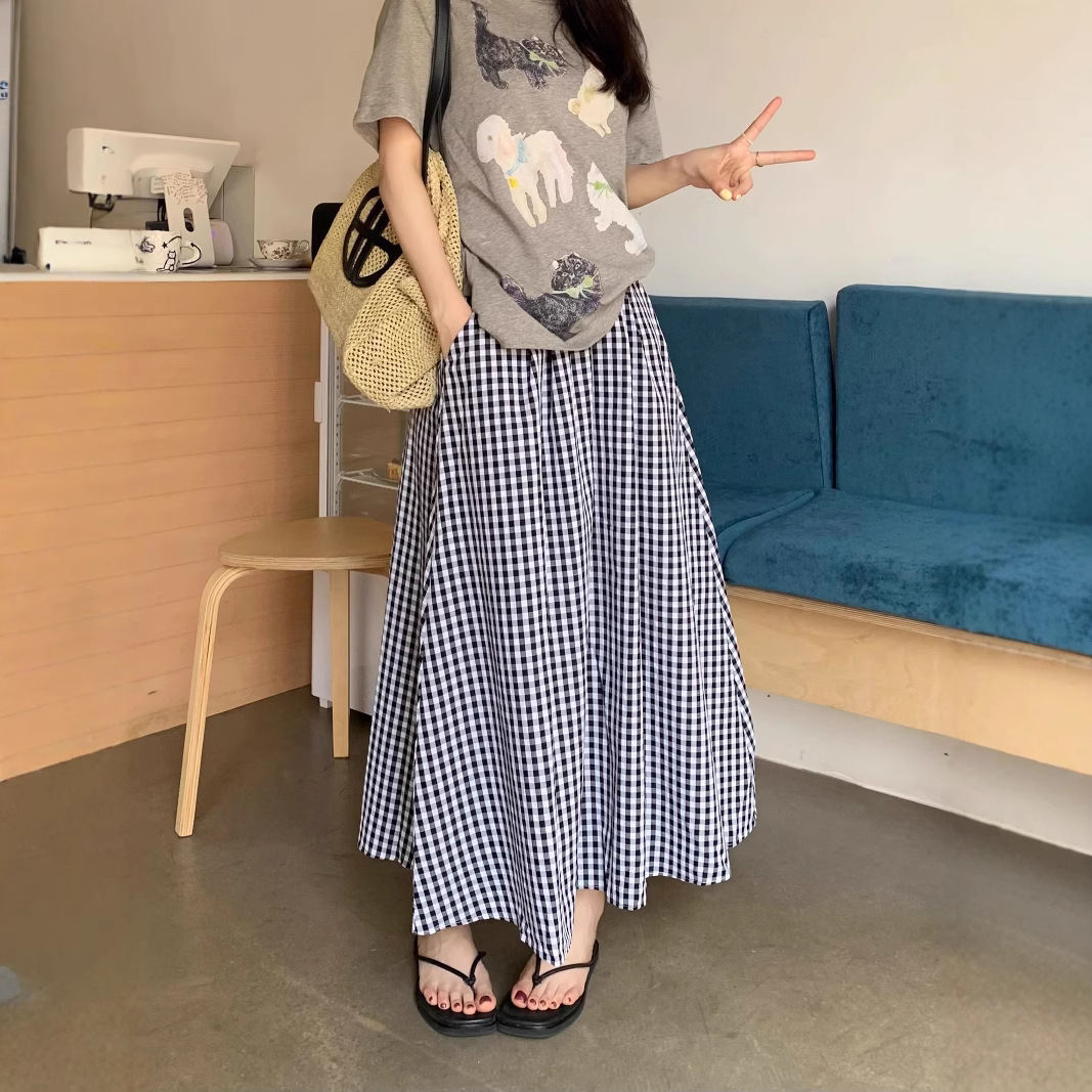 Korean-style High-waisted Figure-flattering A-line Elastic-waistline Skirt