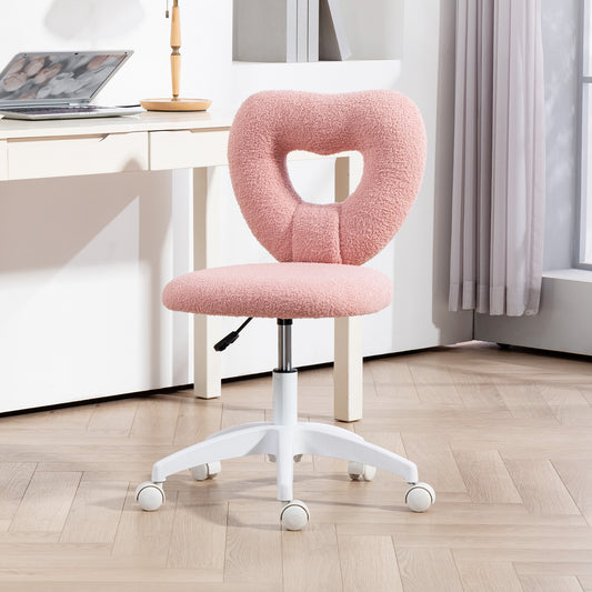Armless Computer Desk Chair, Office Task Chair, Teddy Fleece Heart Makeup Vanity Chair with Swivel Wheels, Pink