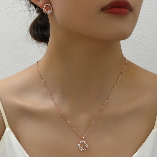 Korean SoftSweet Jewelry Set, Minimal Cubic Zirconia Inlaid Stud Earrings & Niche Design Clavicle Necklace For Women