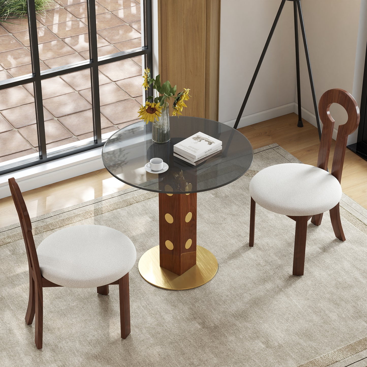 Modern Round Dining Table, 33.5  Tempered Glass Table With Wooden Leg & Gold Base, 2 - Person Kitchen Table For Small Space, 150lbs Weight Capacity Only The Negotiation Table
