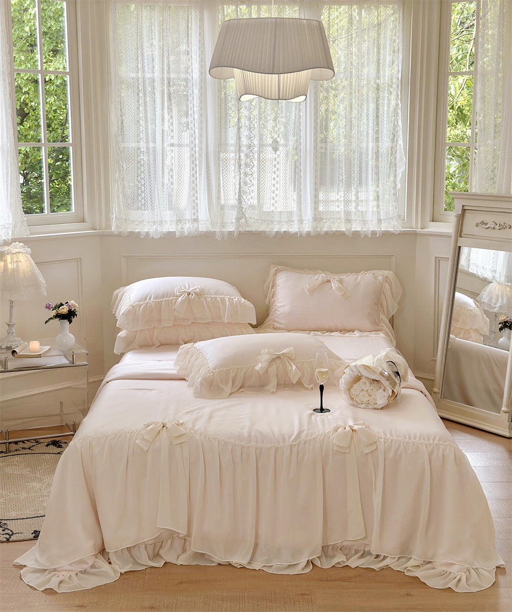 Pure Color Ruffles Princess Style Summer Quilt Tencel Summer Cooling Duvet Airable Cover Four-piece Set