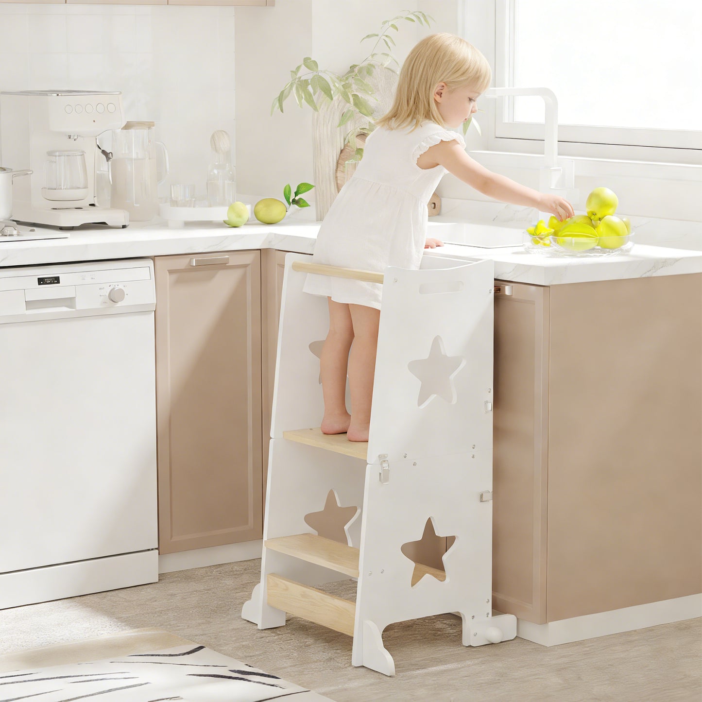 3-in-1 Toddler Kitchen Step Stool, Foldable Learning Standing Tower With Blackboard, Wooden Kitchen Stool Helper For Kids, 1-3 Year Old Boy Girl Gifts