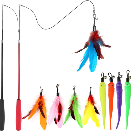 Cat Toys For Indoor Cats, Interactive Cat Toy 2PCS Retractable Wand Toy And 9PCS Cat Feather Toys Refills, Funny Kitten Toys Cat Fishing Pole Toy For