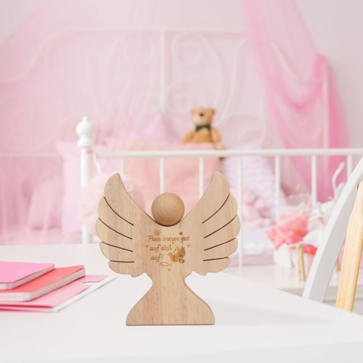 Wooden Christening Guardian Angel, Hand-Painted Wooden Angel As A Christening Gift, Decorative Angel Figurine For Table Decor And As A Christening Keepsake—Party Accessory Set