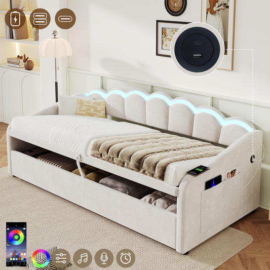 Upholstered Bed 90x190cm, Daybed, RGB LED Sofa Bed With Charging Station, 3ft Petal Shape Single Bed With Hydraulic Storage For Living Room   Bedroom   Study Room, Velvet, Beige   No Mattress