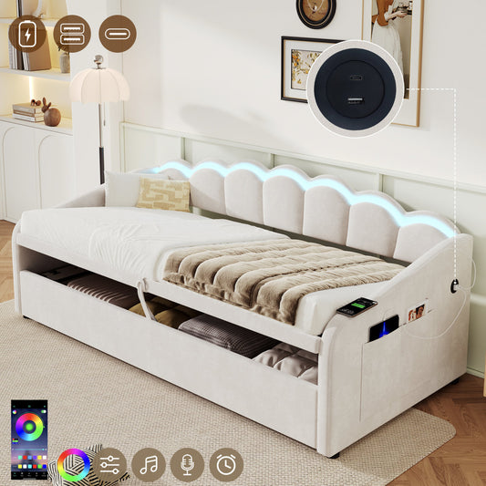 Upholstered Bed 90x190cm, Daybed, RGB LED Sofa Bed With Charging Station, 3ft Petal Shape Single Bed With Hydraulic Storage For Living Room   Bedroom   Study Room, Velvet, Beige   No Mattress